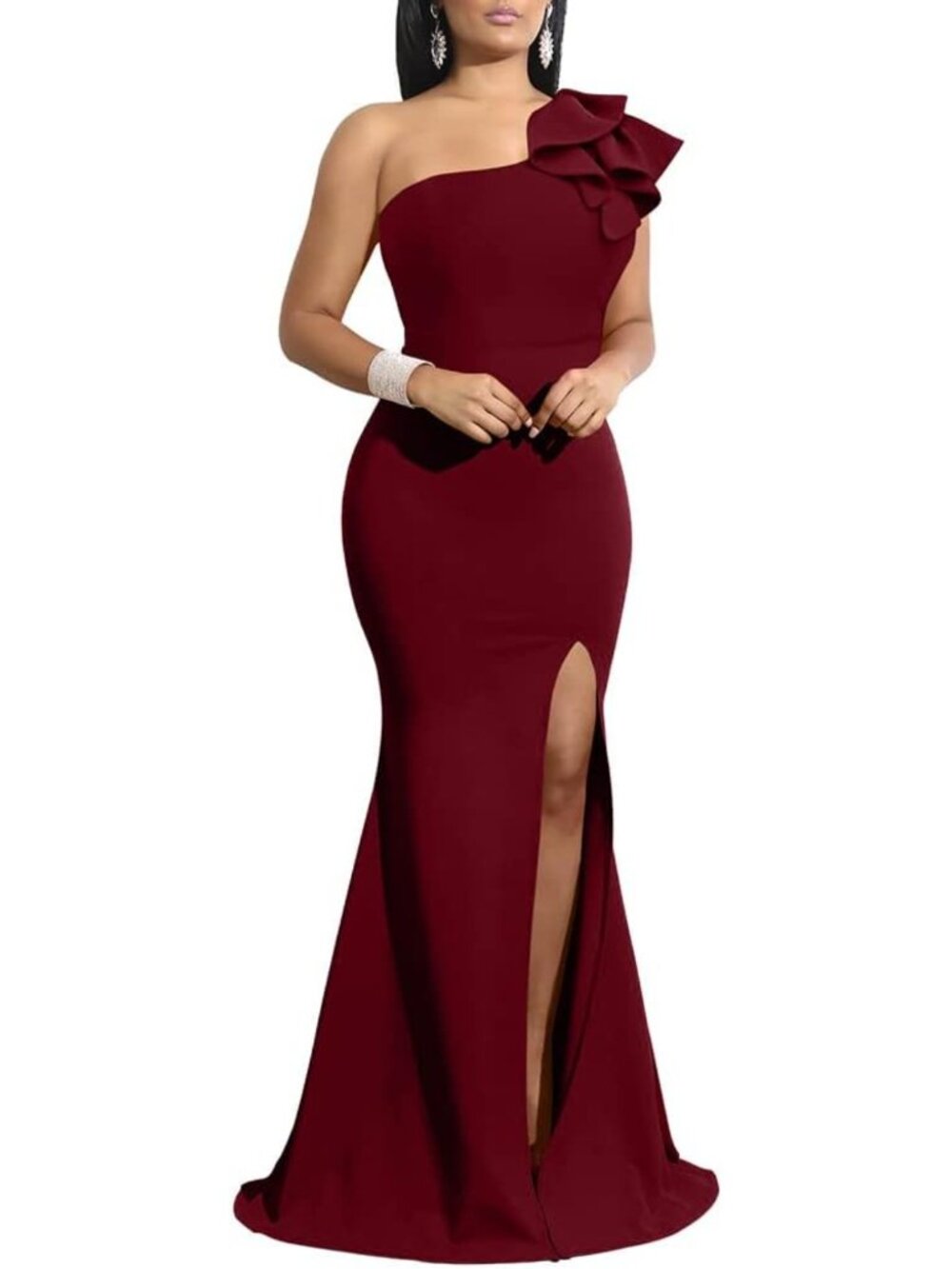 Burgundy One Shoulder High Slit Long Formal Evening Prom Party Gown Sz M-XL